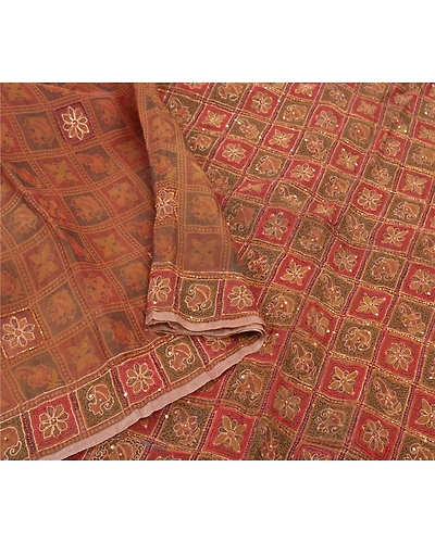 Sanskriti Vintage Indian Sarees Pure Organza Silk Hand Beaded Woven Sari Fabric, PS-57569-Shade Of Dark Red &amp; Brown-Beaded Work-100% Pure Organza Silk-10