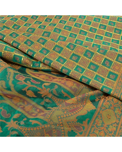 Sanskriti Vintage Rama Green Sarees Blend Georgette Hand- Woven Sari Fabric, PS-57579-Shade Of Rama Green-Hand-Woven Work-Blend Georgette-1