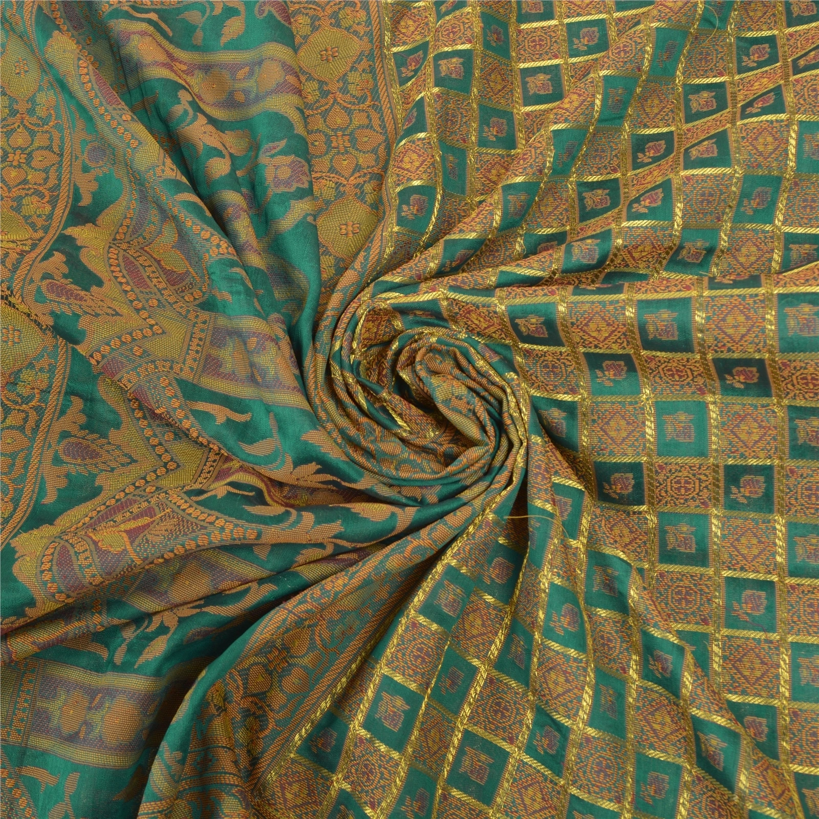 Sanskriti Vintage Rama Green Sarees Blend Georgette Hand- Woven Sari Fabric, PS-57579-Shade Of Rama Green-Hand-Woven Work-Blend Georgette-7