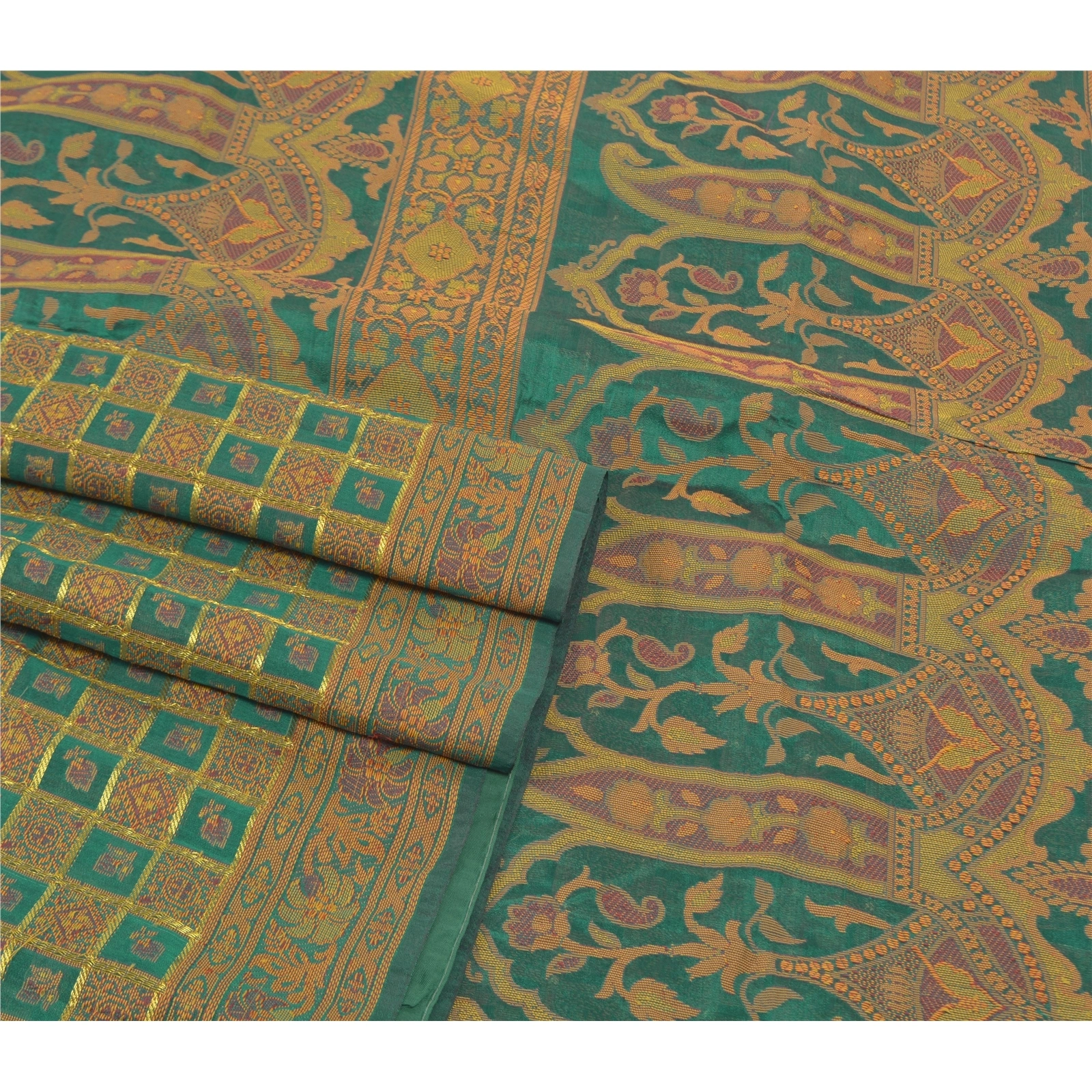 Sanskriti Vintage Rama Green Sarees Blend Georgette Hand- Woven Sari Fabric, PS-57579-Shade Of Rama Green-Hand-Woven Work-Blend Georgette-8