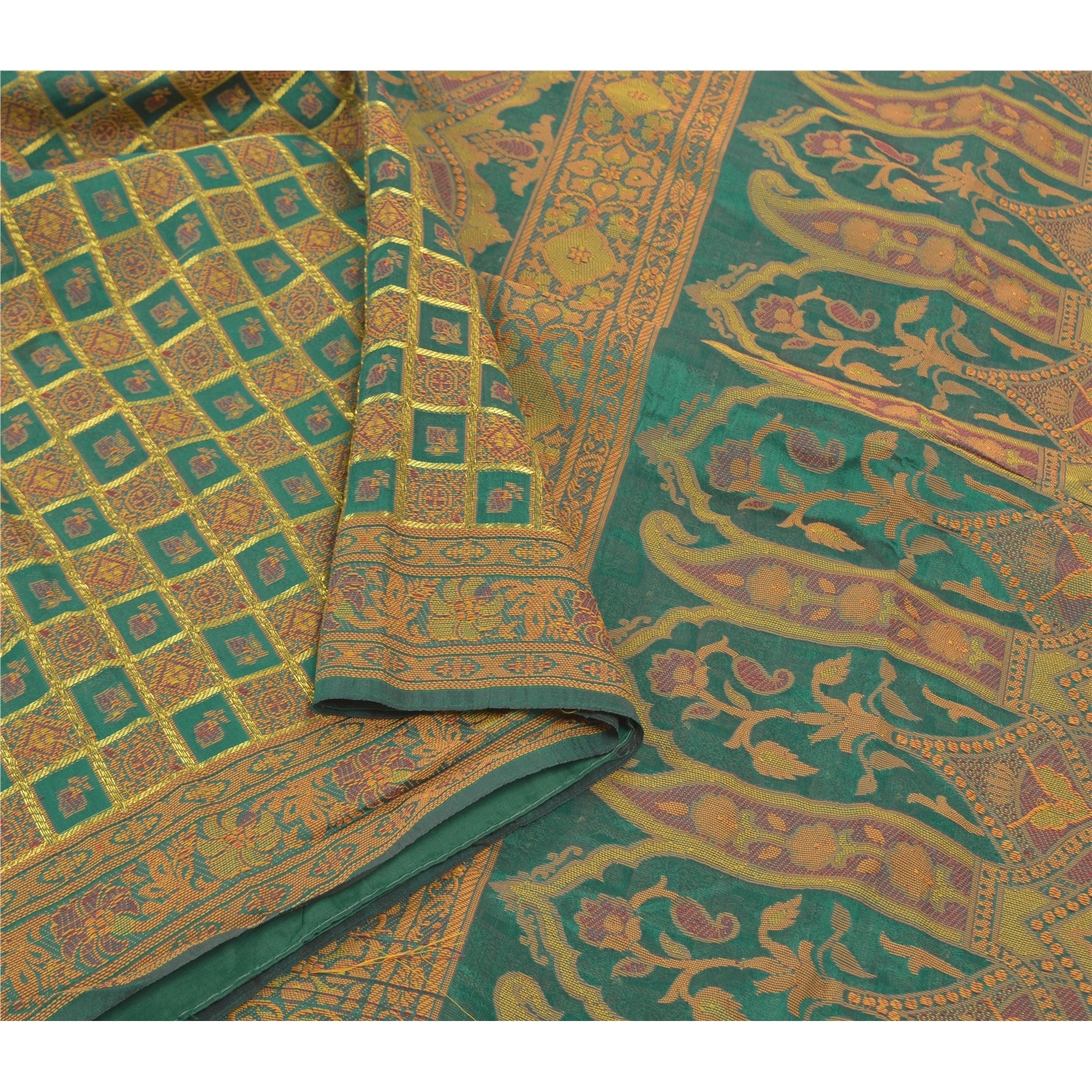 Sanskriti Vintage Rama Green Sarees Blend Georgette Hand- Woven Sari Fabric, PS-57579-Shade Of Rama Green-Hand-Woven Work-Blend Georgette-10