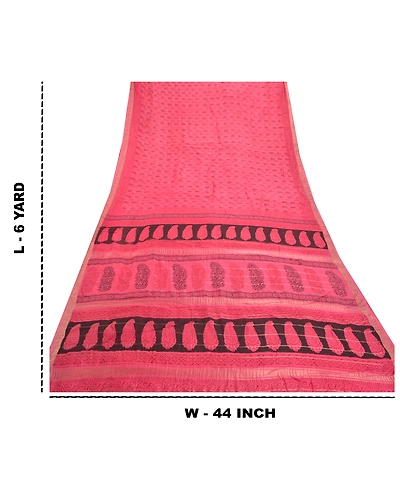 Sanskriti Vintage Pink Sarees Pure Silk Hand-Block Printed Fabric 5 Yard Sari, PS-57592-Pink-Hand-Block Print Work-100% Pure Silk-1