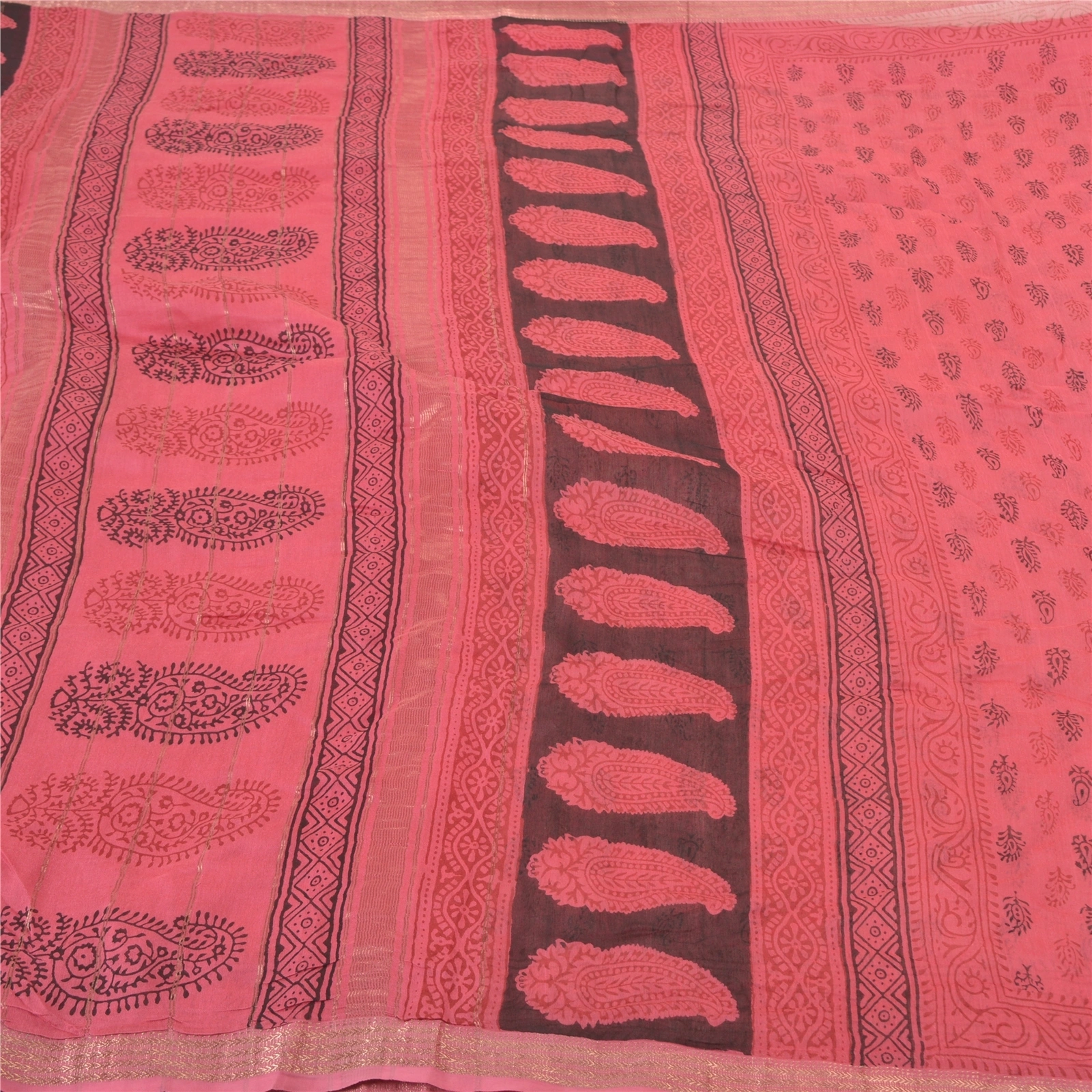 Sanskriti Vintage Pink Sarees Pure Silk Hand-Block Printed Fabric 5 Yard Sari, PS-57592-Pink-Hand-Block Print Work-100% Pure Silk-3