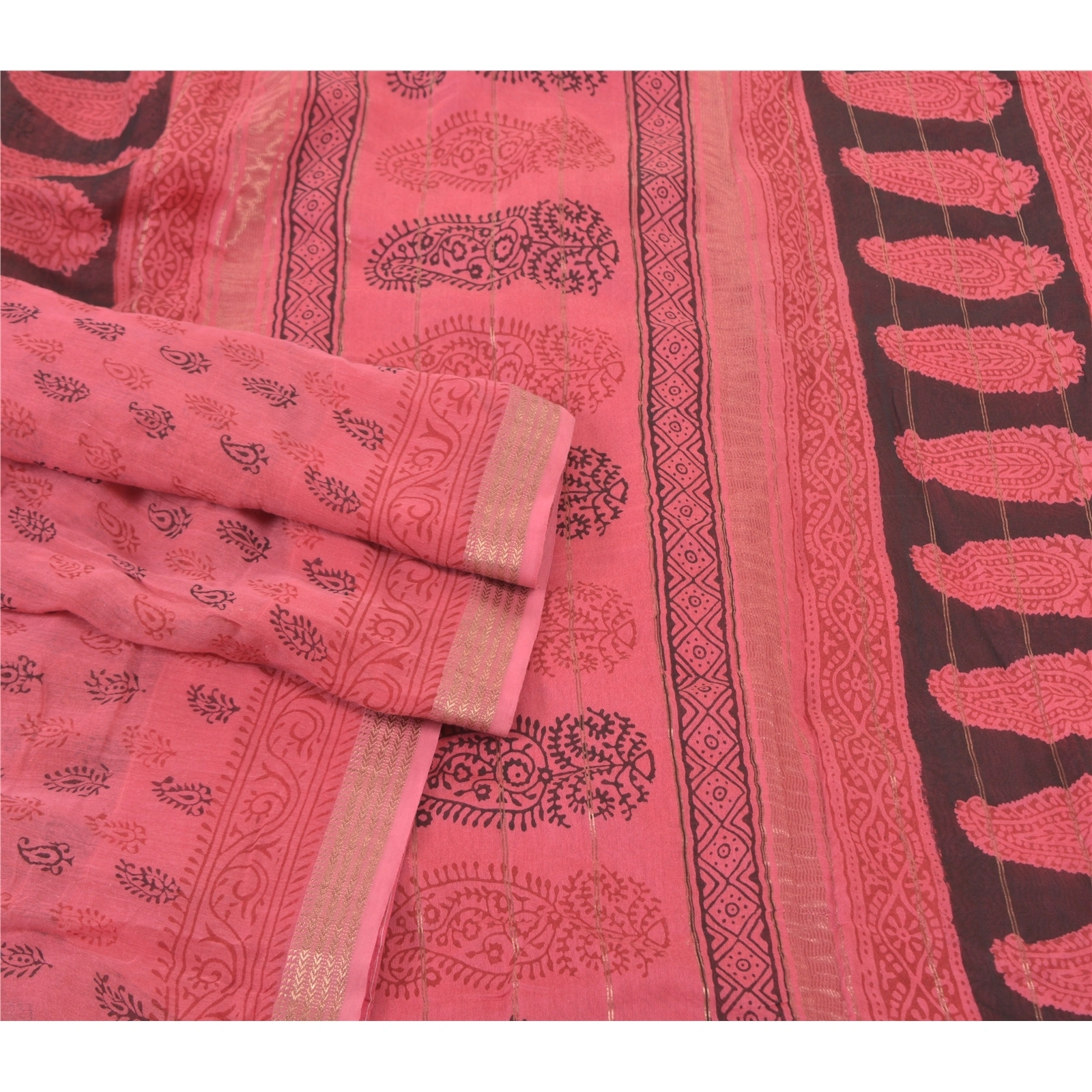 Sanskriti Vintage Pink Sarees Pure Silk Hand-Block Printed Fabric 5 Yard Sari, PS-57592-Pink-Hand-Block Print Work-100% Pure Silk-7