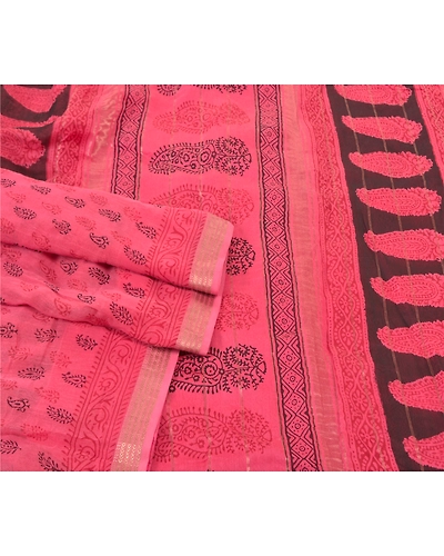 Sanskriti Vintage Pink Sarees Pure Silk Hand-Block Printed Fabric 5 Yard Sari, PS-57592-Pink-Hand-Block Print Work-100% Pure Silk-7