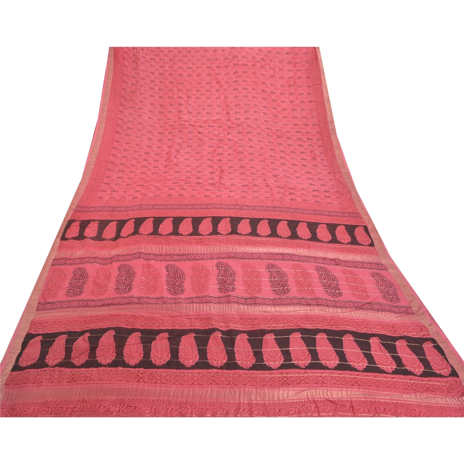 Sanskriti Vintage Pink Sarees Pure Silk Hand-Block Printed Fabric 5 Yard Sari, PS-57592-Pink-Hand-Block Print Work-100% Pure Silk-8