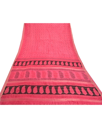 Sanskriti Vintage Pink Sarees Pure Silk Hand-Block Printed Fabric 5 Yard Sari, PS-57592-Pink-Hand-Block Print Work-100% Pure Silk-8