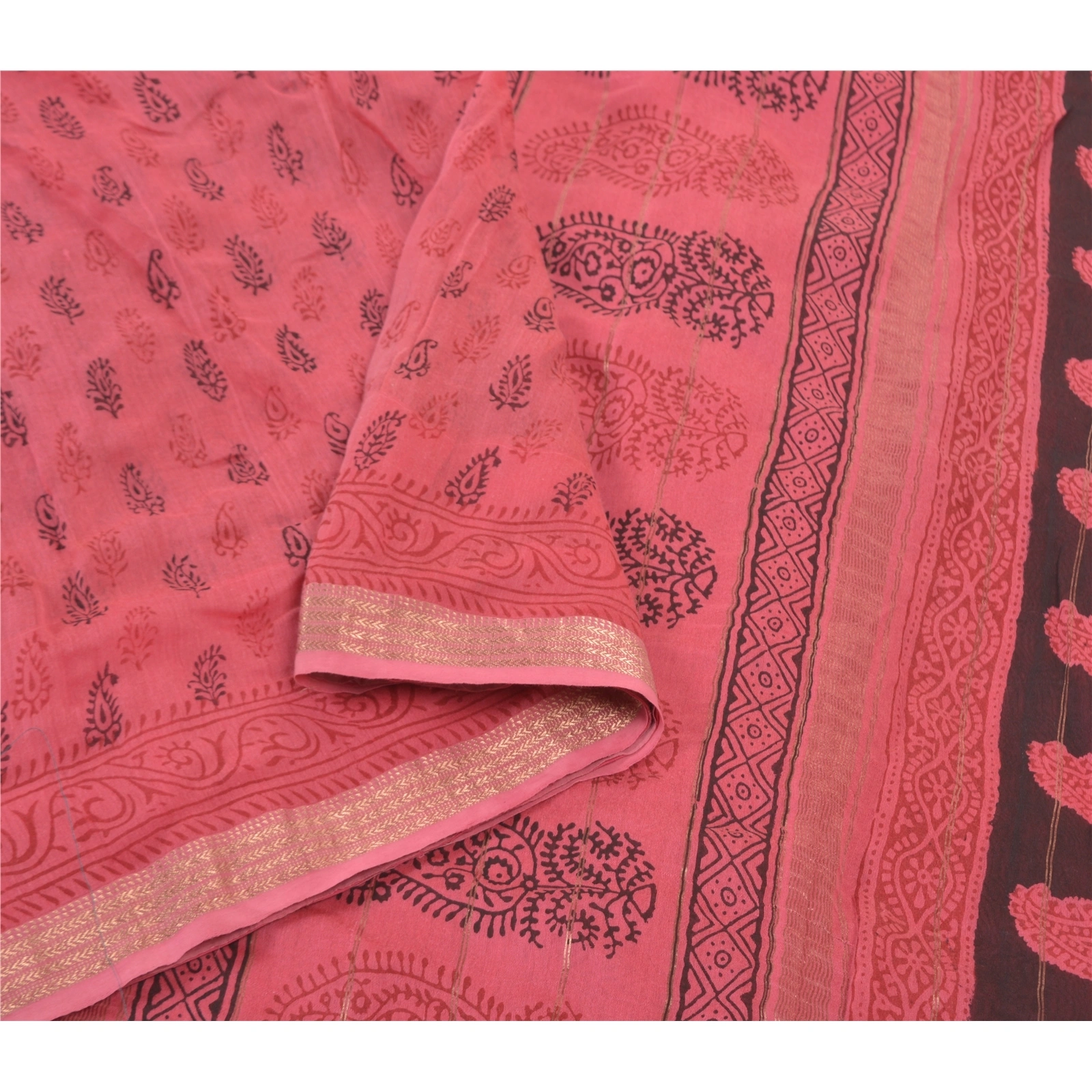 Sanskriti Vintage Pink Sarees Pure Silk Hand-Block Printed Fabric 5 Yard Sari, PS-57592-Pink-Hand-Block Print Work-100% Pure Silk-9