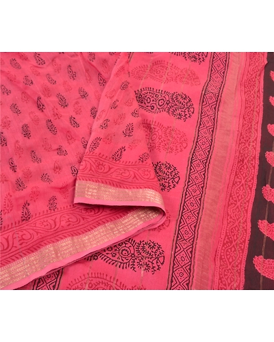 Sanskriti Vintage Pink Sarees Pure Silk Hand-Block Printed Fabric 5 Yard Sari, PS-57592-Pink-Hand-Block Print Work-100% Pure Silk-9