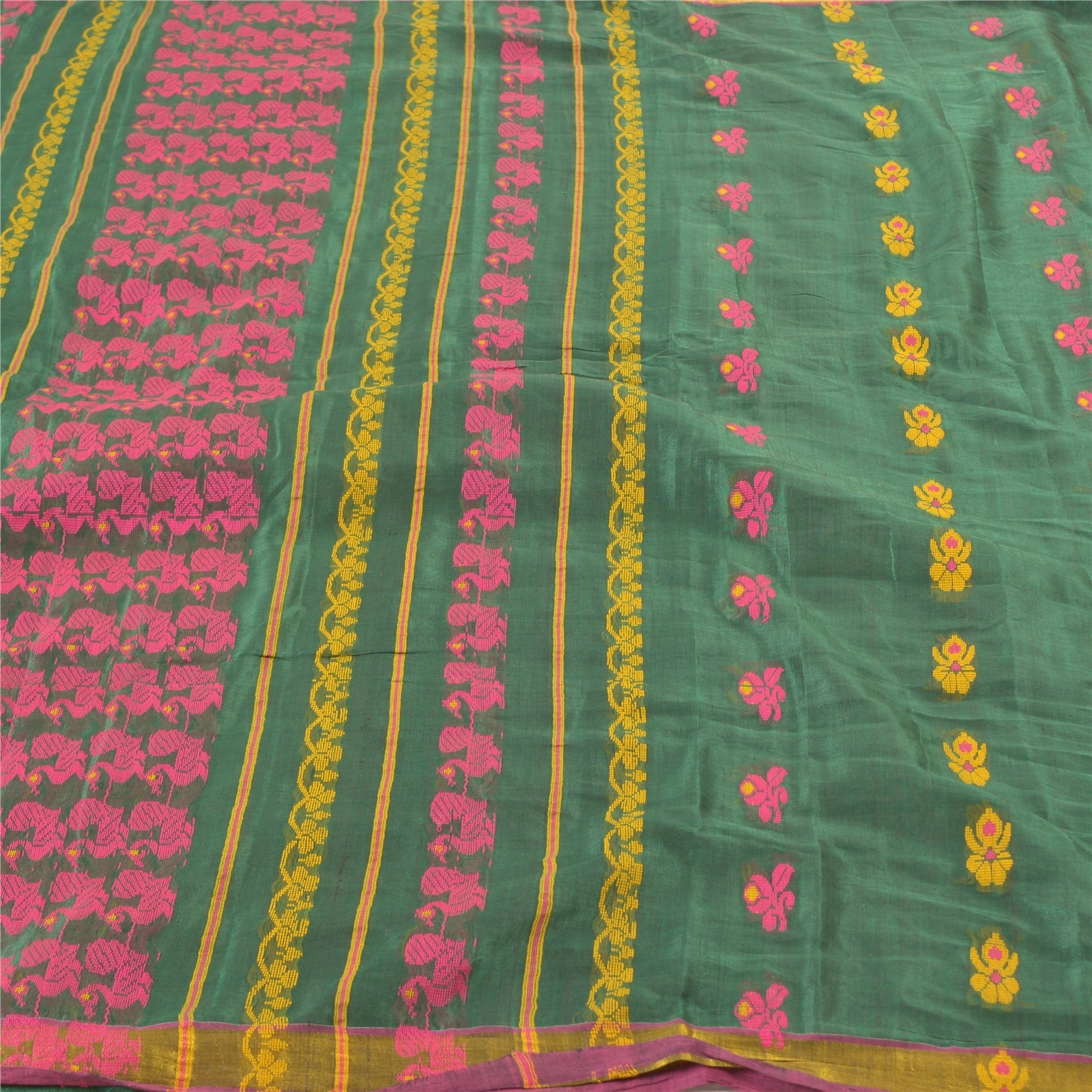 Sanskriti Vintage Green Indian Sarees Blend Silk Hand-Woven Peacock Sari Fabric, PS-57610-Green-Hand Woven Work-Blend Silk-3