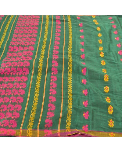 Sanskriti Vintage Green Indian Sarees Blend Silk Hand-Woven Peacock Sari Fabric, PS-57610-Green-Hand Woven Work-Blend Silk-3