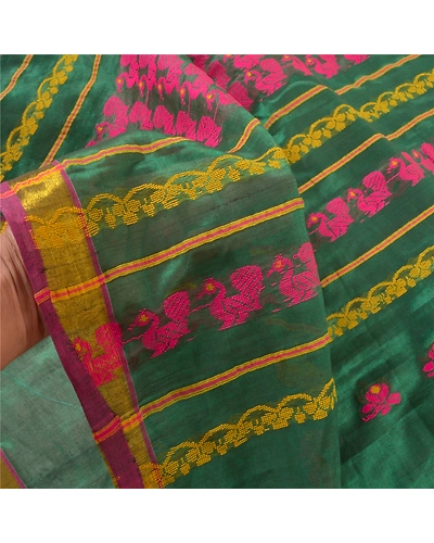 Sanskriti Vintage Green Indian Sarees Blend Silk Hand-Woven Peacock Sari Fabric, PS-57610-Green-Hand Woven Work-Blend Silk-4
