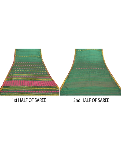 Sanskriti Vintage Green Indian Sarees Blend Silk Hand-Woven Peacock Sari Fabric, PS-57610-Green-Hand Woven Work-Blend Silk-5