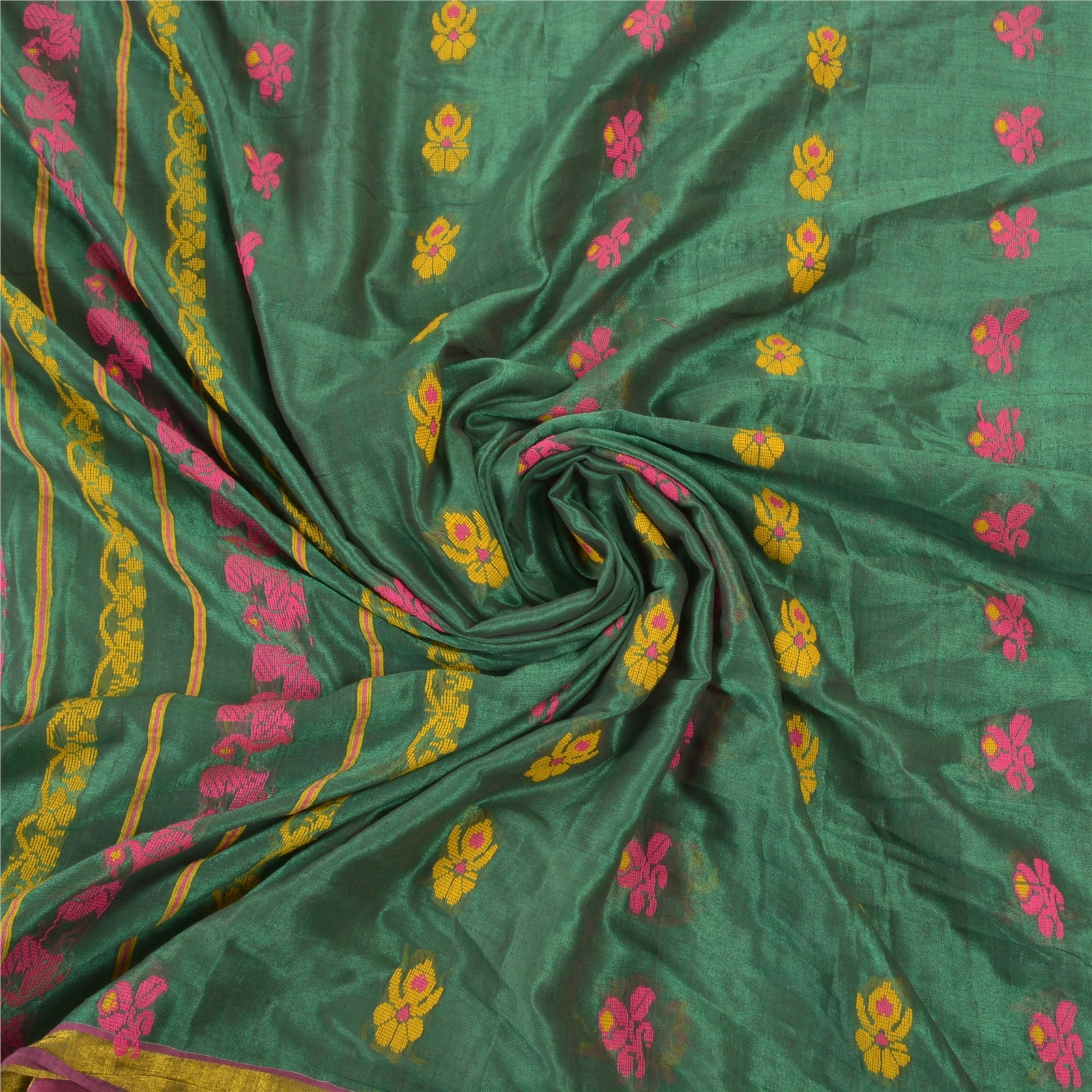 Sanskriti Vintage Green Indian Sarees Blend Silk Hand-Woven Peacock Sari Fabric, PS-57610-Green-Hand Woven Work-Blend Silk-6