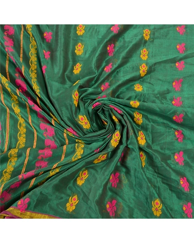 Sanskriti Vintage Green Indian Sarees Blend Silk Hand-Woven Peacock Sari Fabric, PS-57610-Green-Hand Woven Work-Blend Silk-6
