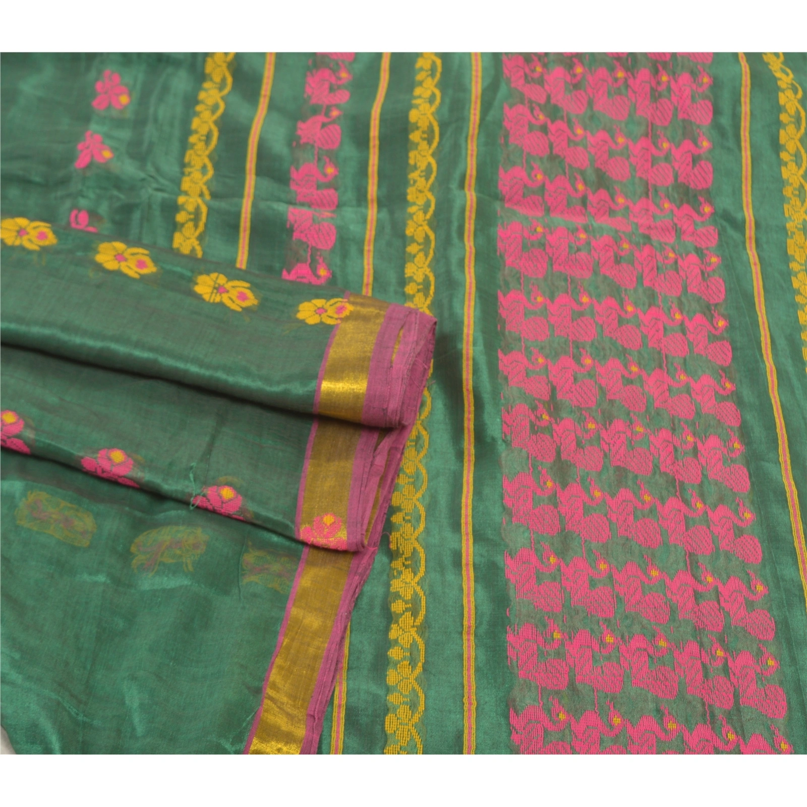 Sanskriti Vintage Green Indian Sarees Blend Silk Hand-Woven Peacock Sari Fabric, PS-57610-Green-Hand Woven Work-Blend Silk-7