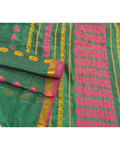 Sanskriti Vintage Green Indian Sarees Blend Silk Hand-Woven Peacock Sari Fabric, PS-57610-Green-Hand Woven Work-Blend Silk-7