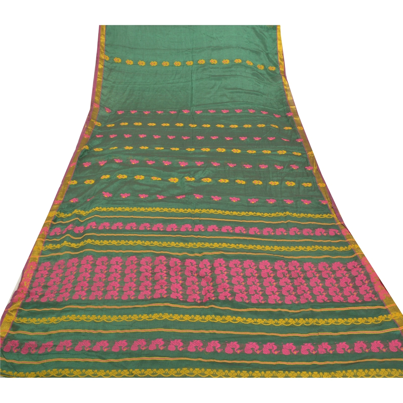 Sanskriti Vintage Green Indian Sarees Blend Silk Hand-Woven Peacock Sari Fabric, PS-57610-Green-Hand Woven Work-Blend Silk-8