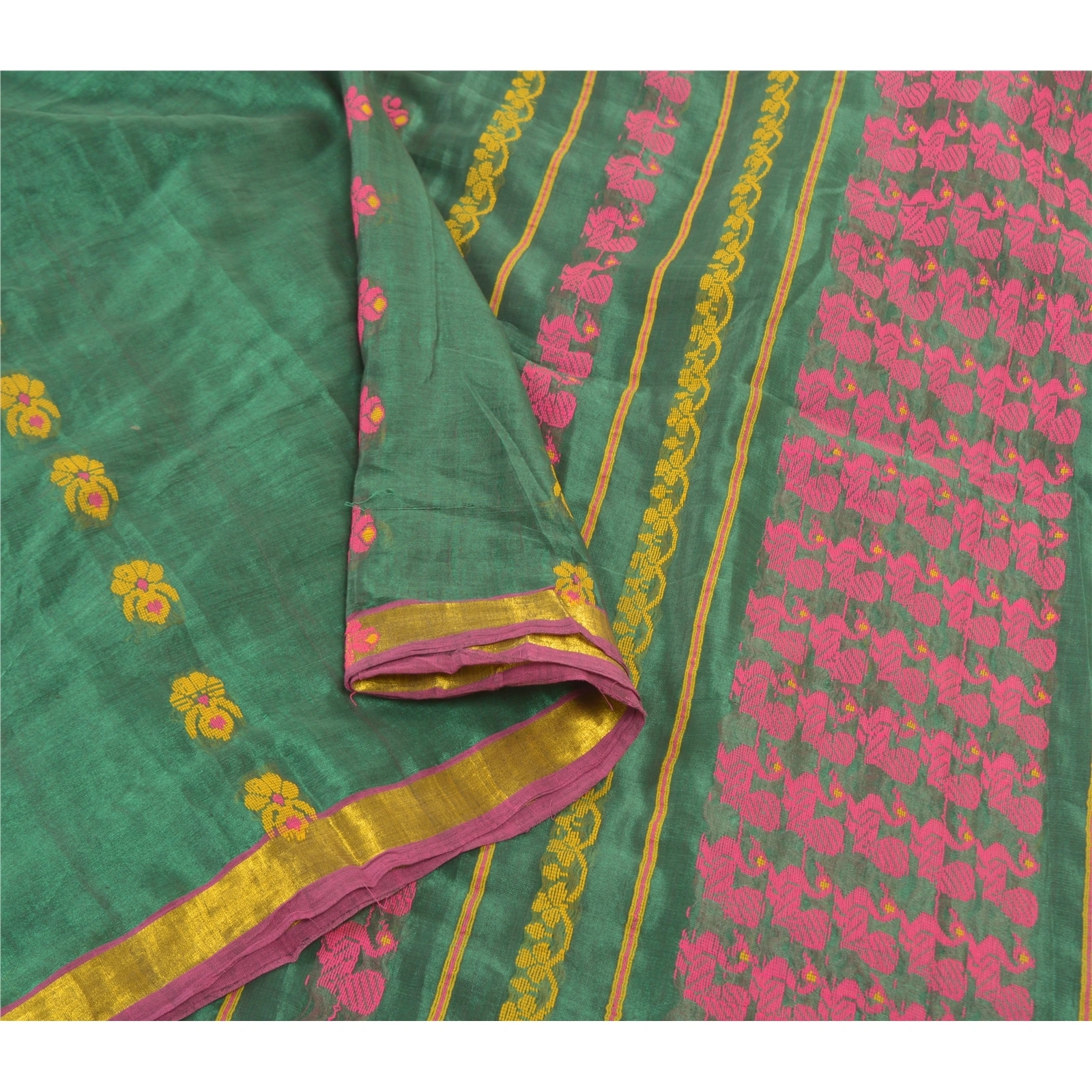 Sanskriti Vintage Green Indian Sarees Blend Silk Hand-Woven Peacock Sari Fabric, PS-57610-Green-Hand Woven Work-Blend Silk-9