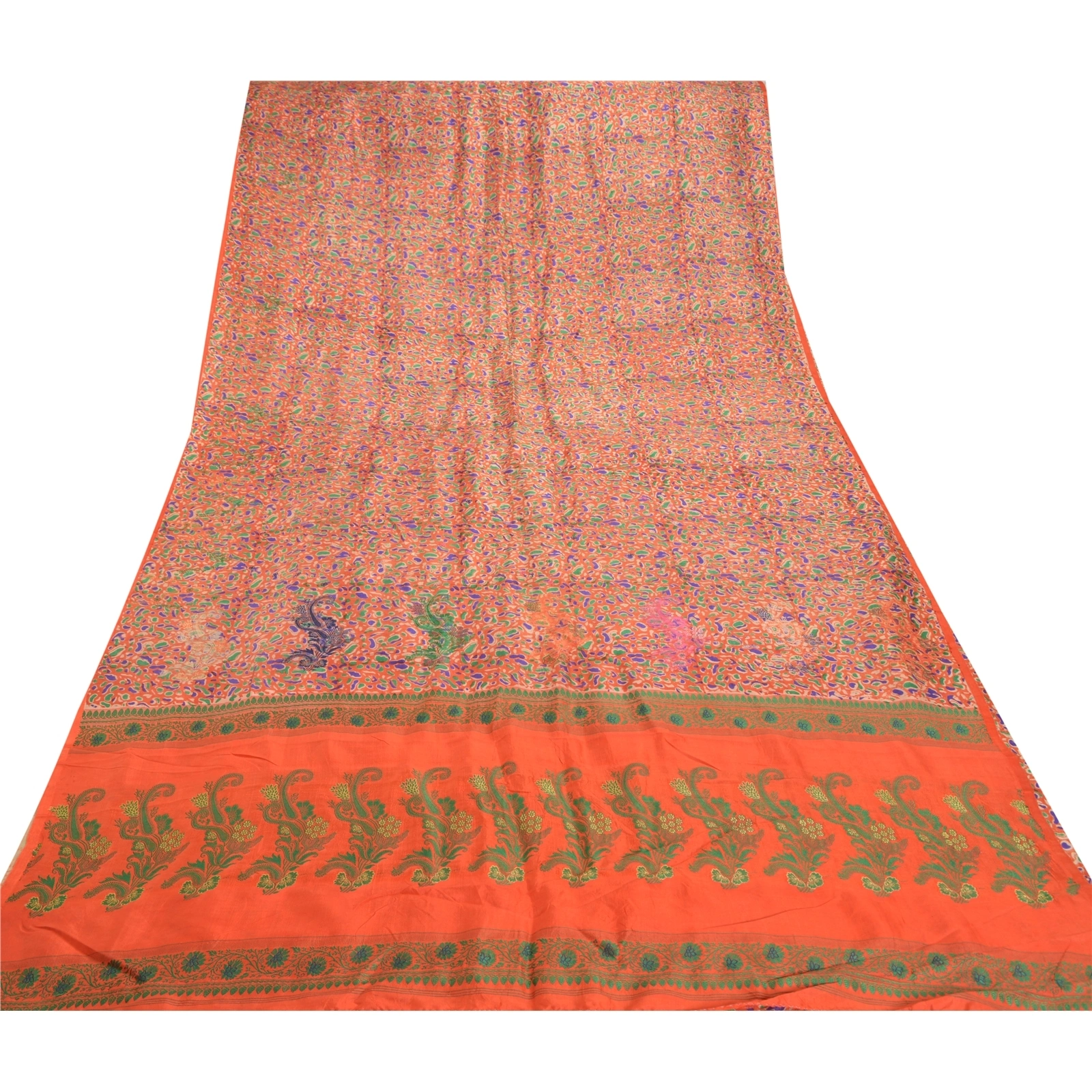 Sanskriti Vintage Orange Indian Sarees Pure Silk Handwoven Sari Craft Fabric, PS-57632-Orange-Woven Work-100% Pure Silk-8