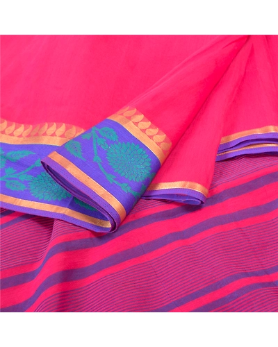 Sanskriti Vintage Pink Indian Sarees Cotton Woven Sari Craft 5 Yard Fabric, PS-57633-Pink-Woven Work-Cotton-2