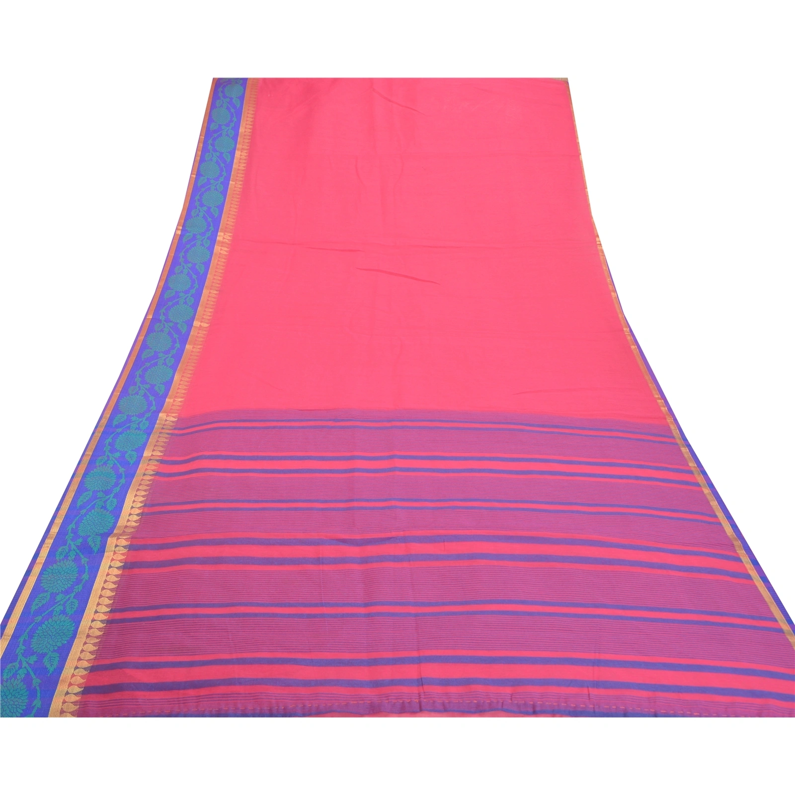 Sanskriti Vintage Pink Indian Sarees Cotton Woven Sari Craft 5 Yard Fabric, PS-57633-Pink-Woven Work-Cotton-9