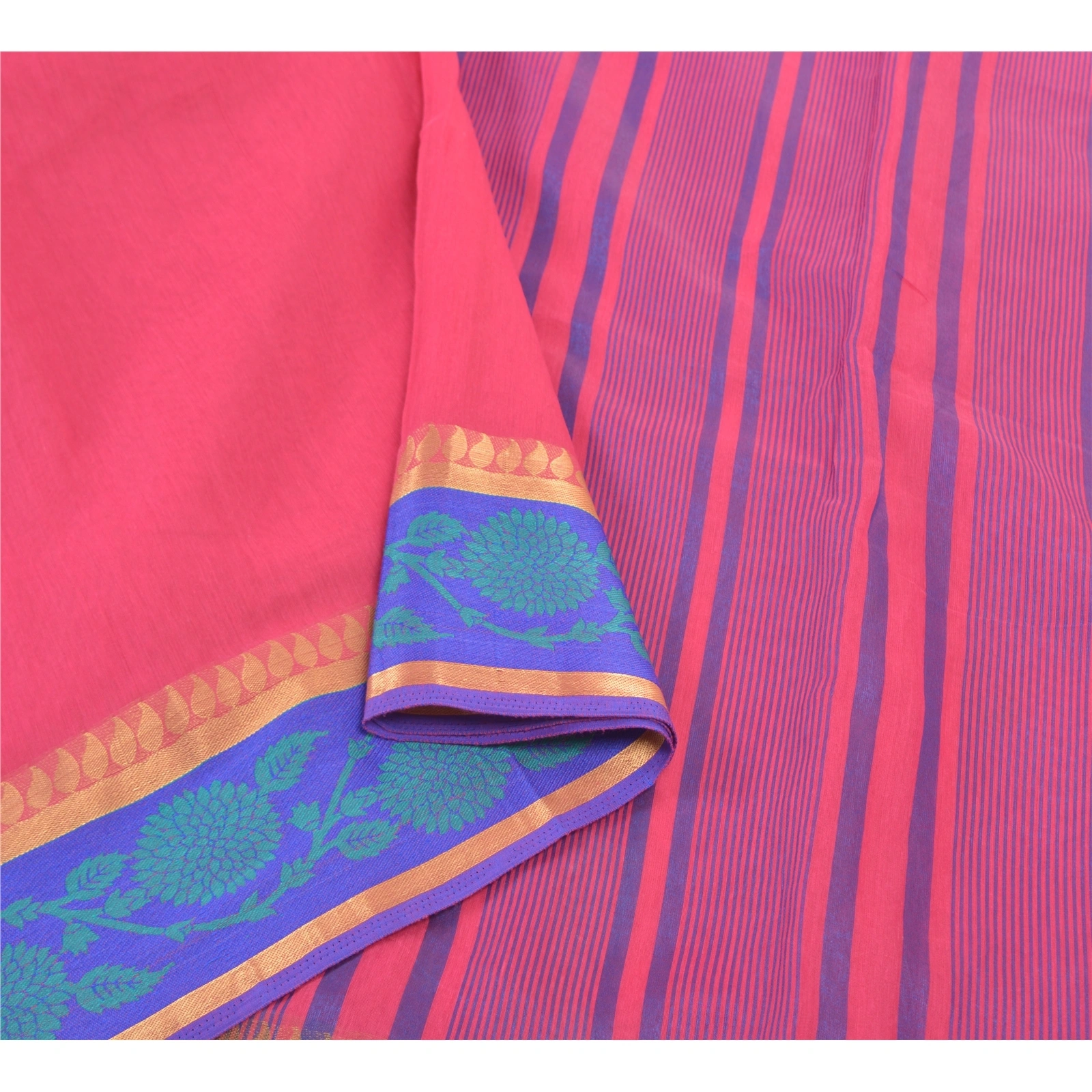 Sanskriti Vintage Pink Indian Sarees Cotton Woven Sari Craft 5 Yard Fabric, PS-57633-Pink-Woven Work-Cotton-10