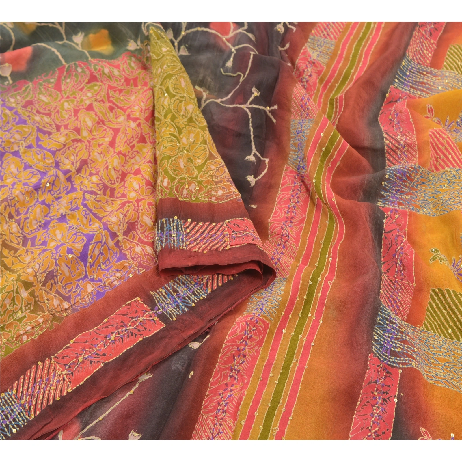 Sanskriti Vintage Sarees Pure Crepe Silk Sari Hand Embroidered Kantha Fabric, PS-57647-Multi Color-Thread Work-100% Pure Crepe Silk-9