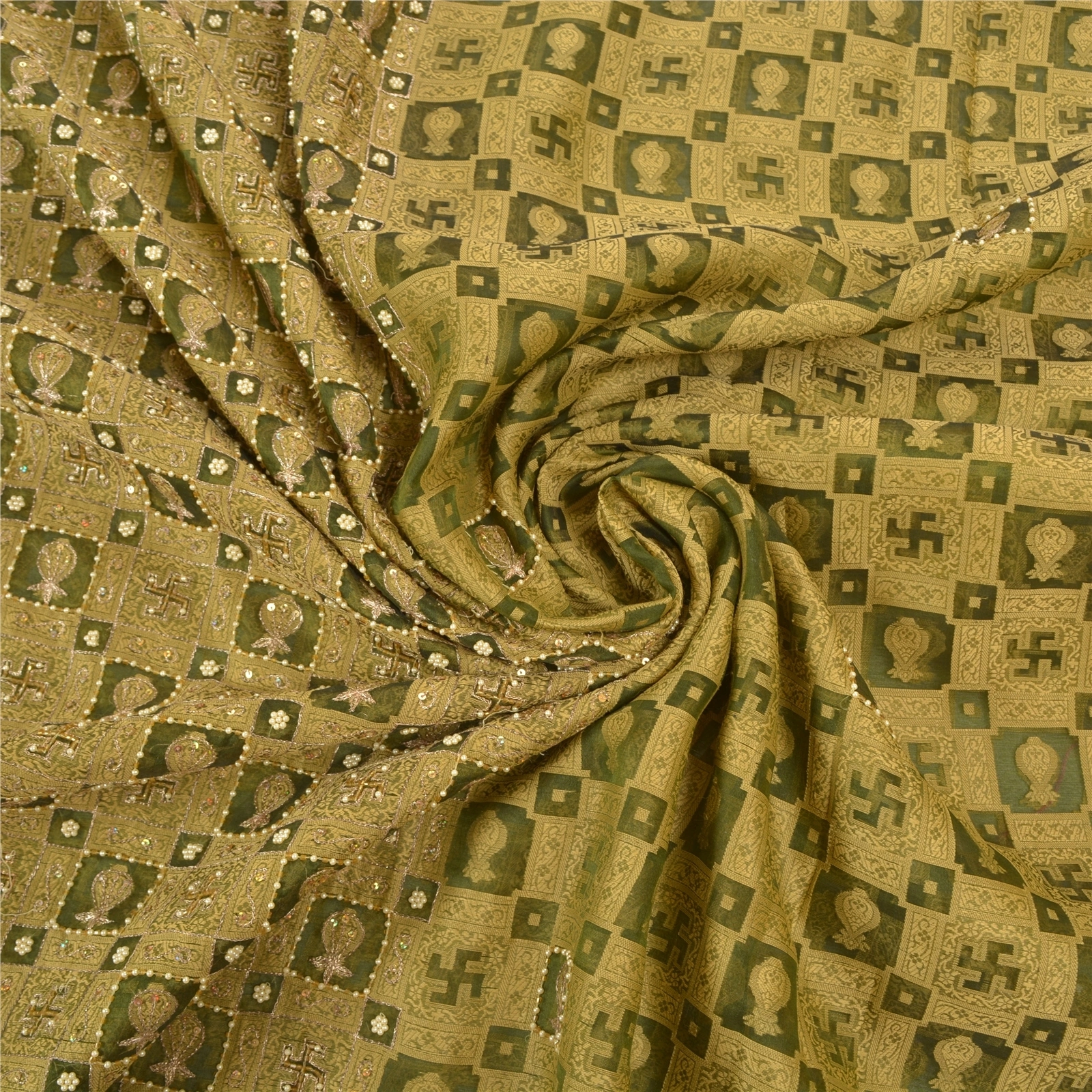 Sanskriti Vintage Green Sarees Pure Organza Silk Beaded Premium Sari Fabric, PS-57649-Green-Woven Work-100% Pure Organza Silk-6