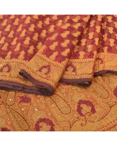 Sanskriti Vintage Sarees Pure Organza Silk Hand Beaded Woven Premium Sari Fabric, PS-57664-Dark Red-Woven Work-100% Pure Organza Silk-2