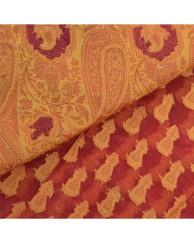 Sanskriti Vintage Sarees Pure Organza Silk Hand Beaded Woven Premium Sari Fabric, PS-57664-Dark Red-Woven Work-100% Pure Organza Silk-3