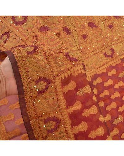 Sanskriti Vintage Sarees Pure Organza Silk Hand Beaded Woven Premium Sari Fabric, PS-57664-Dark Red-Woven Work-100% Pure Organza Silk-5