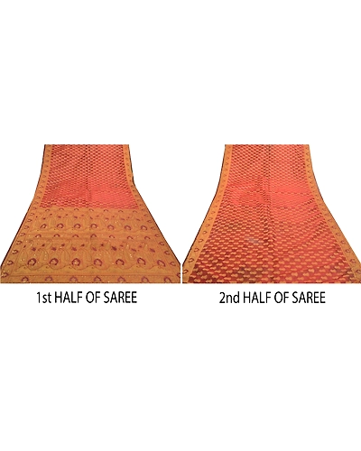 Sanskriti Vintage Sarees Pure Organza Silk Hand Beaded Woven Premium Sari Fabric, PS-57664-Dark Red-Woven Work-100% Pure Organza Silk-6