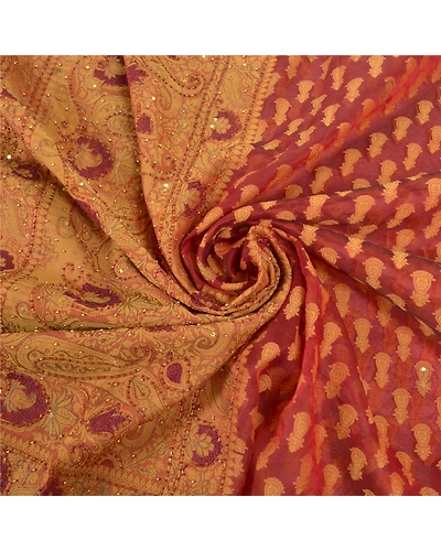 Sanskriti Vintage Sarees Pure Organza Silk Hand Beaded Woven Premium Sari Fabric, PS-57664-Dark Red-Woven Work-100% Pure Organza Silk-7