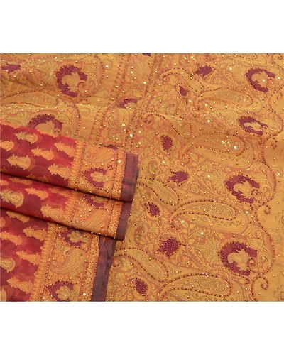 Sanskriti Vintage Sarees Pure Organza Silk Hand Beaded Woven Premium Sari Fabric, PS-57664-Dark Red-Woven Work-100% Pure Organza Silk-8