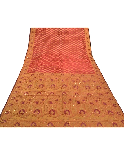 Sanskriti Vintage Sarees Pure Organza Silk Hand Beaded Woven Premium Sari Fabric, PS-57664-Dark Red-Woven Work-100% Pure Organza Silk-9