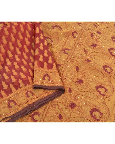 Sanskriti Vintage Sarees Pure Organza Silk Hand Beaded Woven Premium Sari Fabric, PS-57664-Dark Red-Woven Work-100% Pure Organza Silk-10