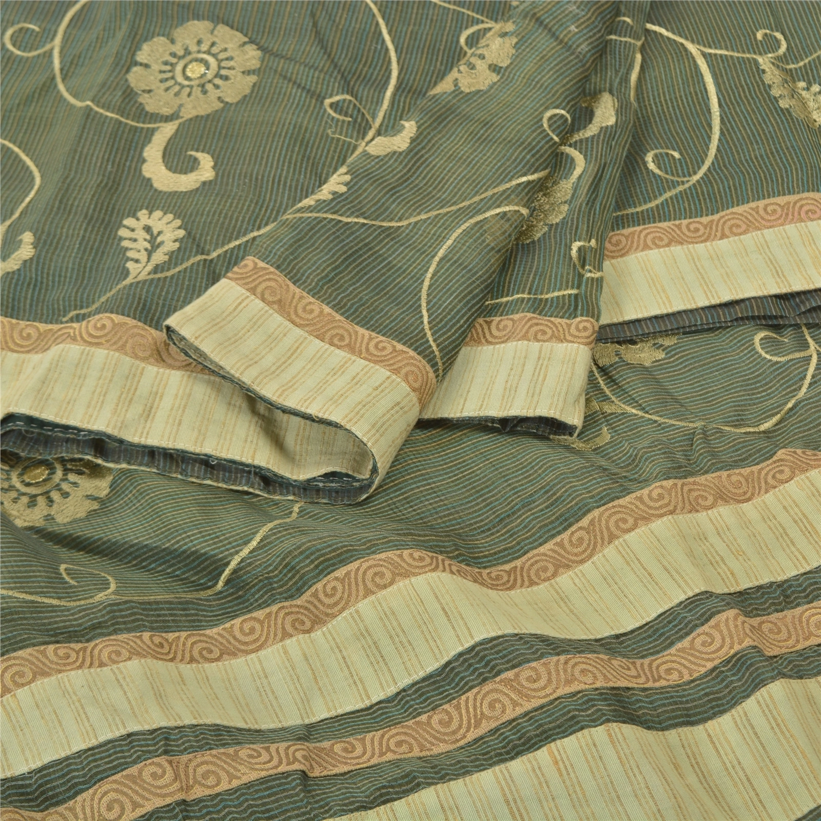 Sanskriti Vintage Green Sarees 100% Pure Silk Embroidered Kota Sari Fabric, PS-57700-Green-Thread Work-100% Pure Silk-2