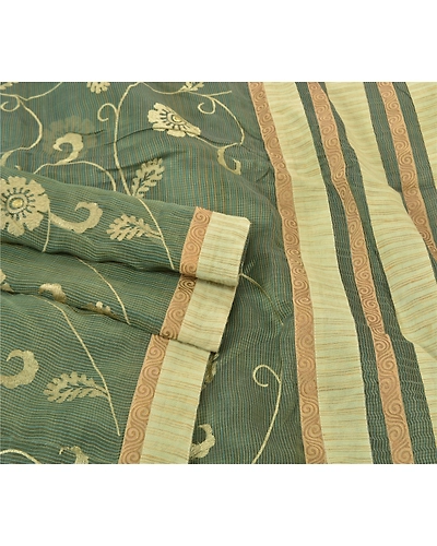 Sanskriti Vintage Green Sarees 100% Pure Silk Embroidered Kota Sari Fabric, PS-57700-Green-Thread Work-100% Pure Silk-8