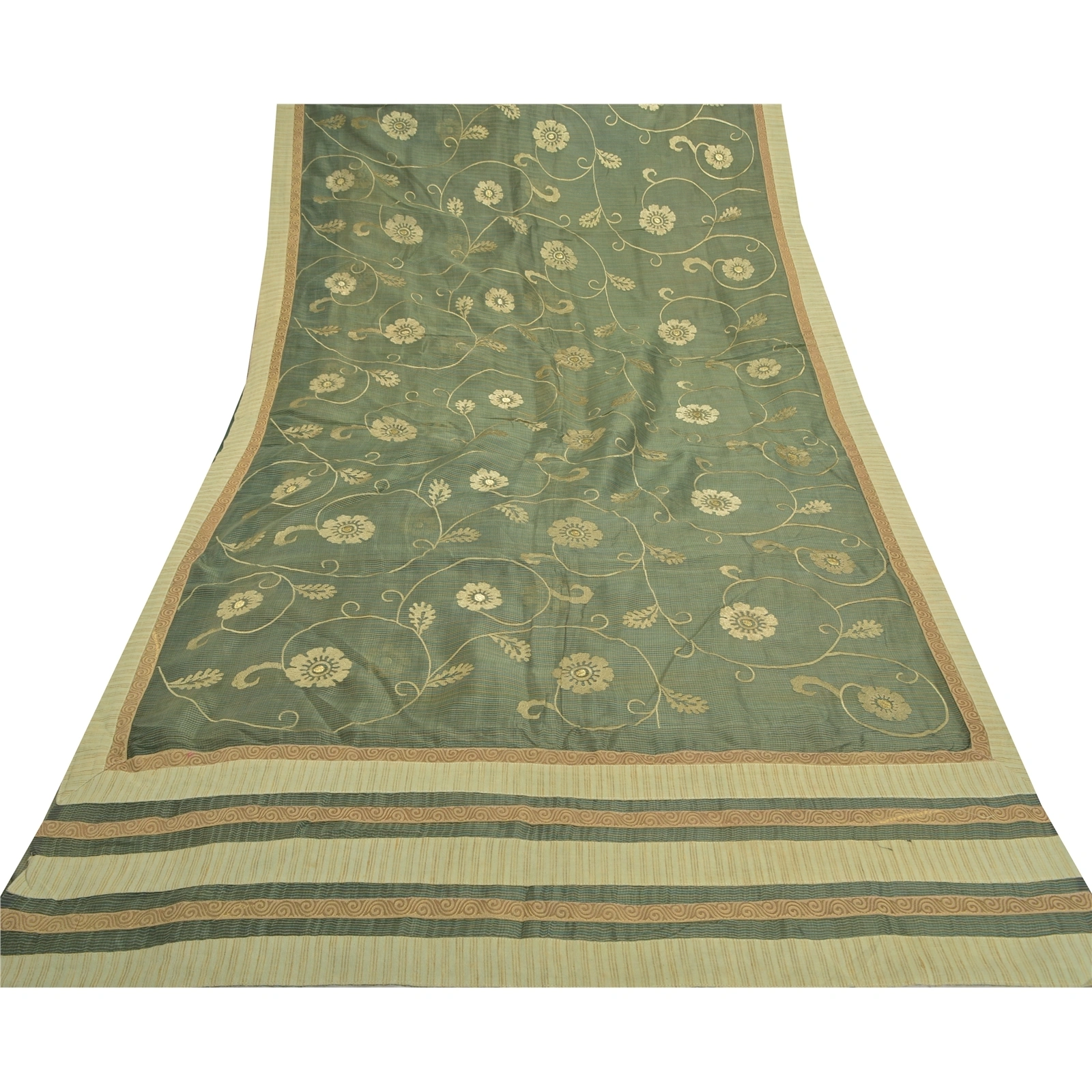 Sanskriti Vintage Green Sarees 100% Pure Silk Embroidered Kota Sari Fabric, PS-57700-Green-Thread Work-100% Pure Silk-9