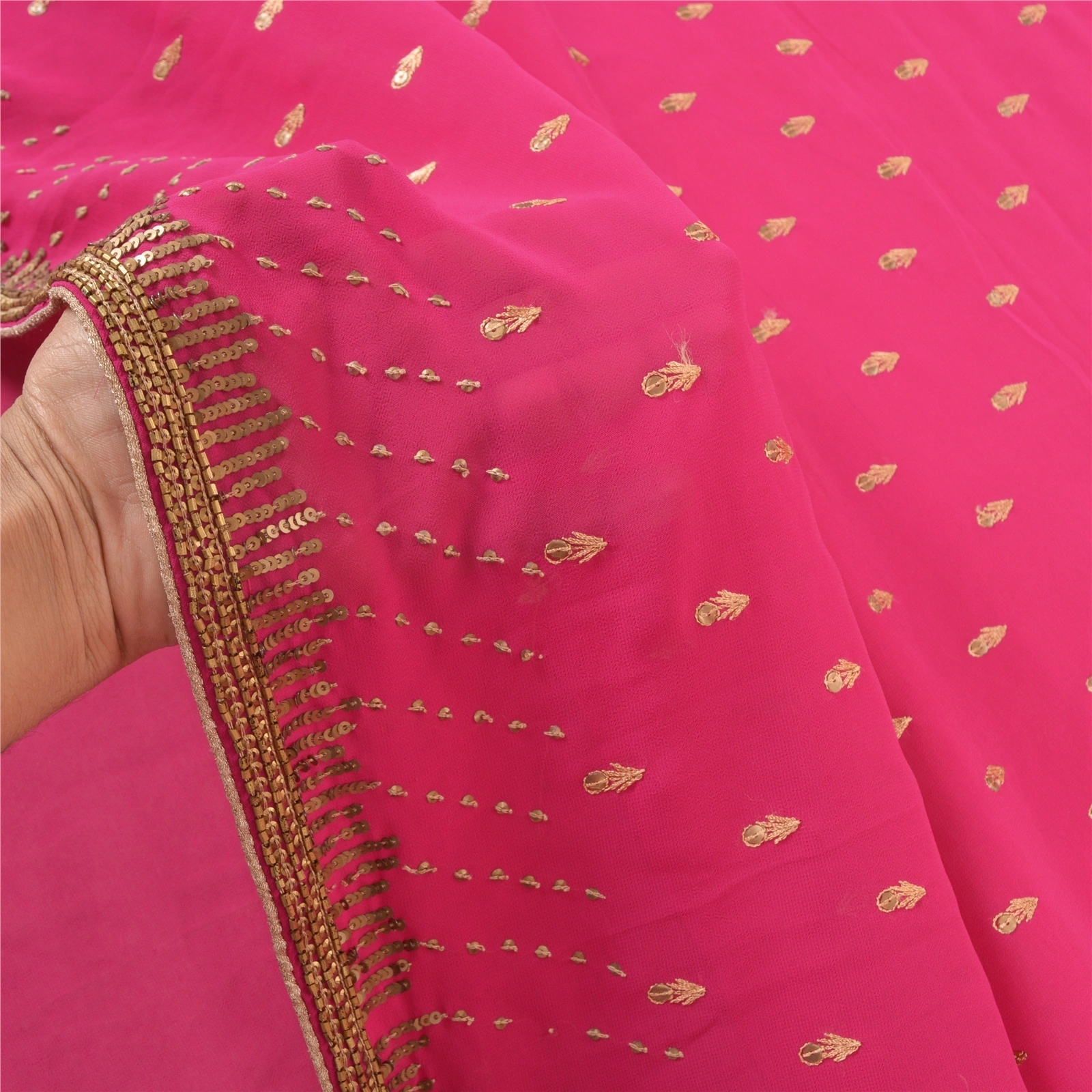 Sanskriti Vintage Magenta Sarees Georgette Hand Beaded Ethnic Sari Craft Fabric, PS-57703-Magenta-Sequins Work-Georgette-4