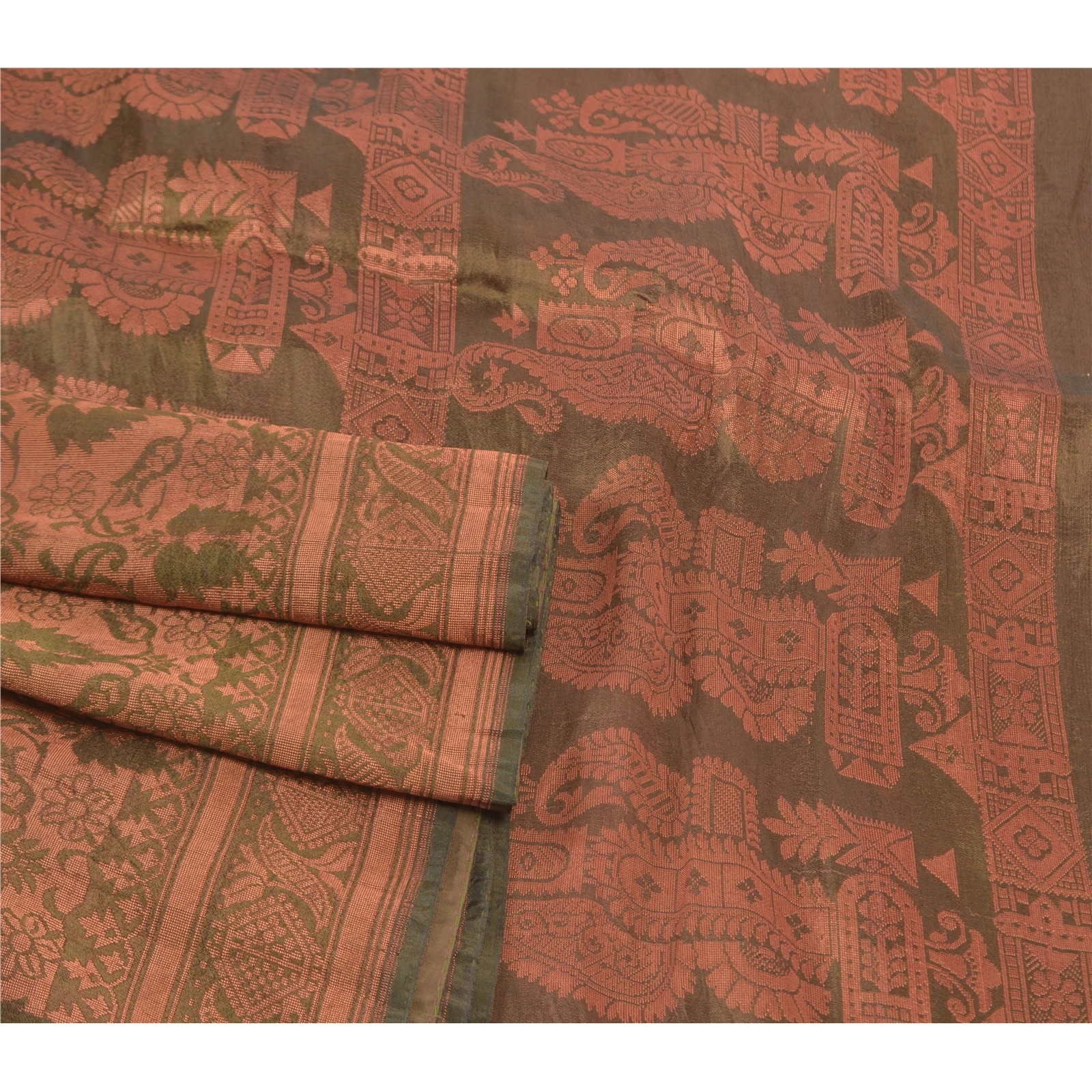 Sanskriti Vintage Green Sarees Blend Silk Hand-Woven Craft Ethnic Sari Fabric, PS-57707-Green-Hand-Woven Work-Blend Silk-7