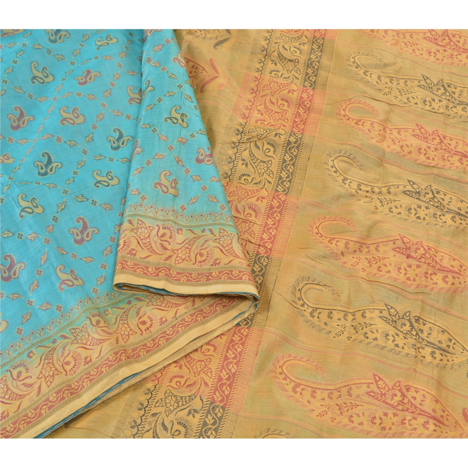 Sanskriti Vintage Turquoise Sarees Pure Silk Hand-Woven Premium Sari Fabric, PS-57713-Turquoise &amp; Cream-Hand-Woven Work-100% Pure Silk-1