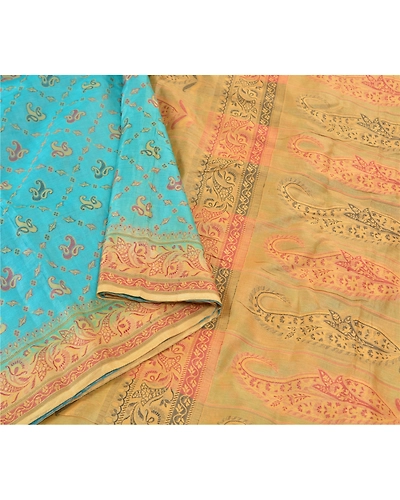 Sanskriti Vintage Turquoise Sarees Pure Silk Hand-Woven Premium Sari Fabric, PS-57713-Turquoise &amp; Cream-Hand-Woven Work-100% Pure Silk-1