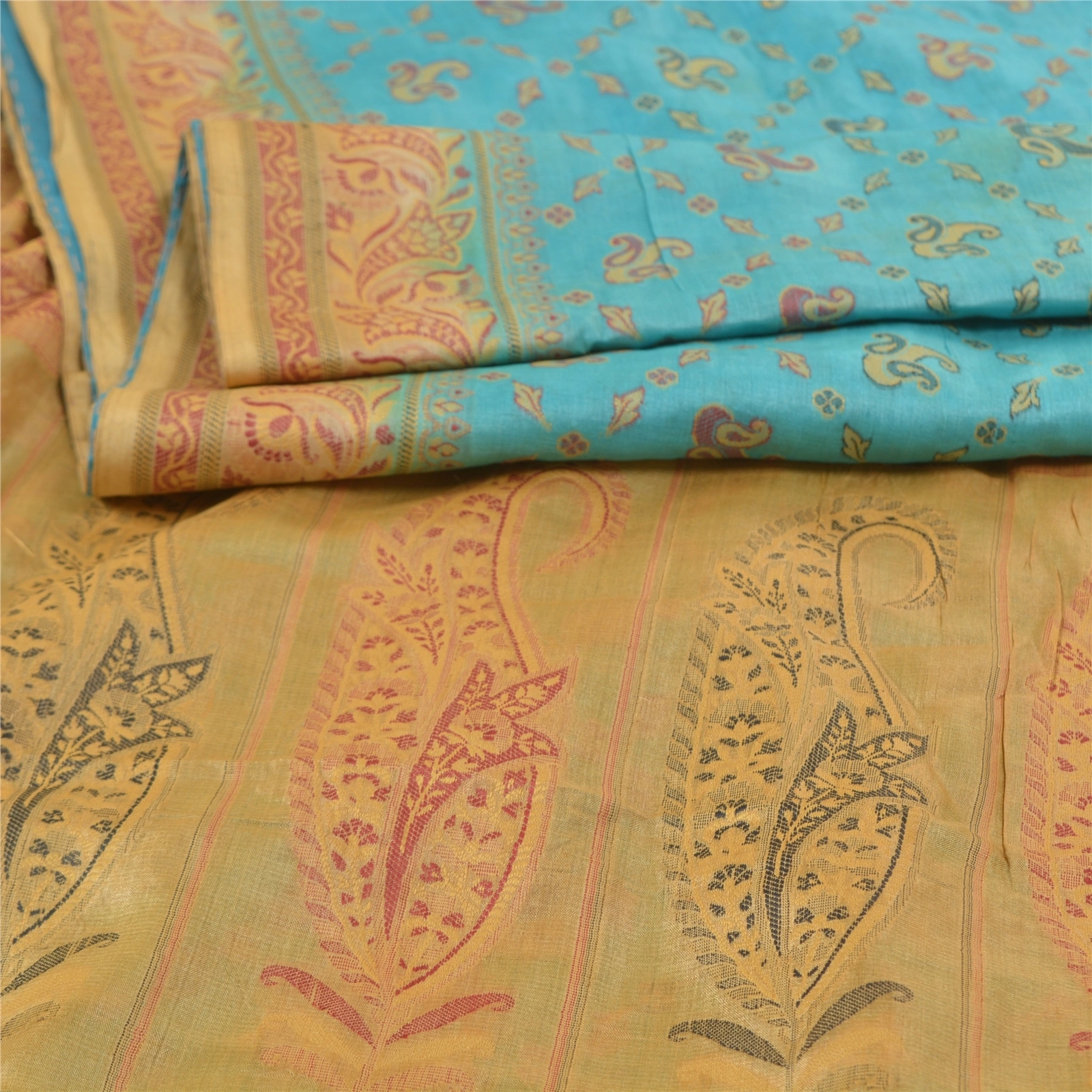 Sanskriti Vintage Turquoise Sarees Pure Silk Hand-Woven Premium Sari Fabric, PS-57713-Turquoise &amp; Cream-Hand-Woven Work-100% Pure Silk-2