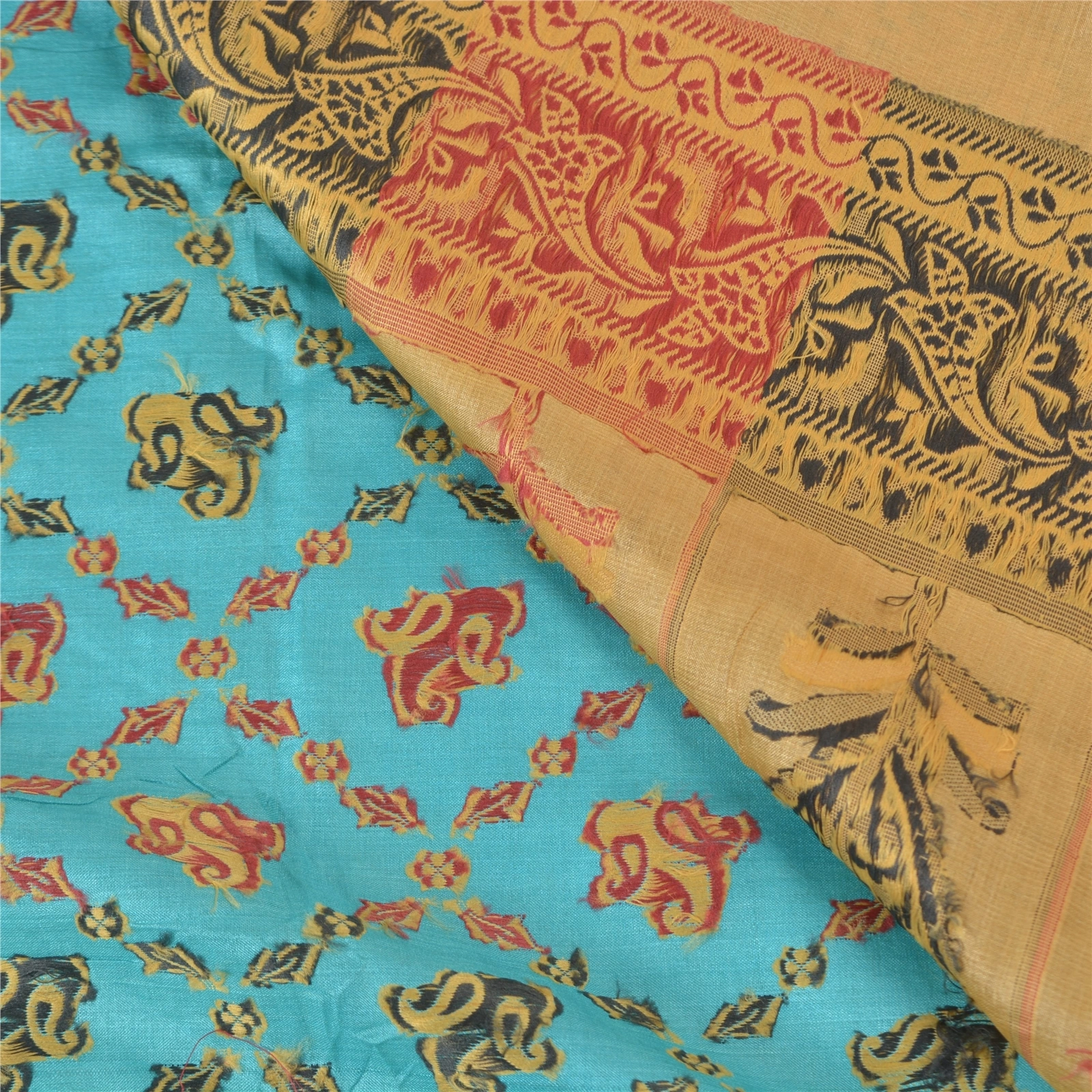 Sanskriti Vintage Turquoise Sarees Pure Silk Hand-Woven Premium Sari Fabric, PS-57713-Turquoise &amp; Cream-Hand-Woven Work-100% Pure Silk-3