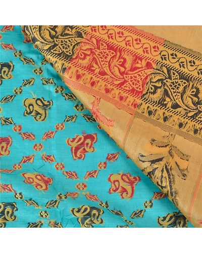 Sanskriti Vintage Turquoise Sarees Pure Silk Hand-Woven Premium Sari Fabric, PS-57713-Turquoise &amp; Cream-Hand-Woven Work-100% Pure Silk-3