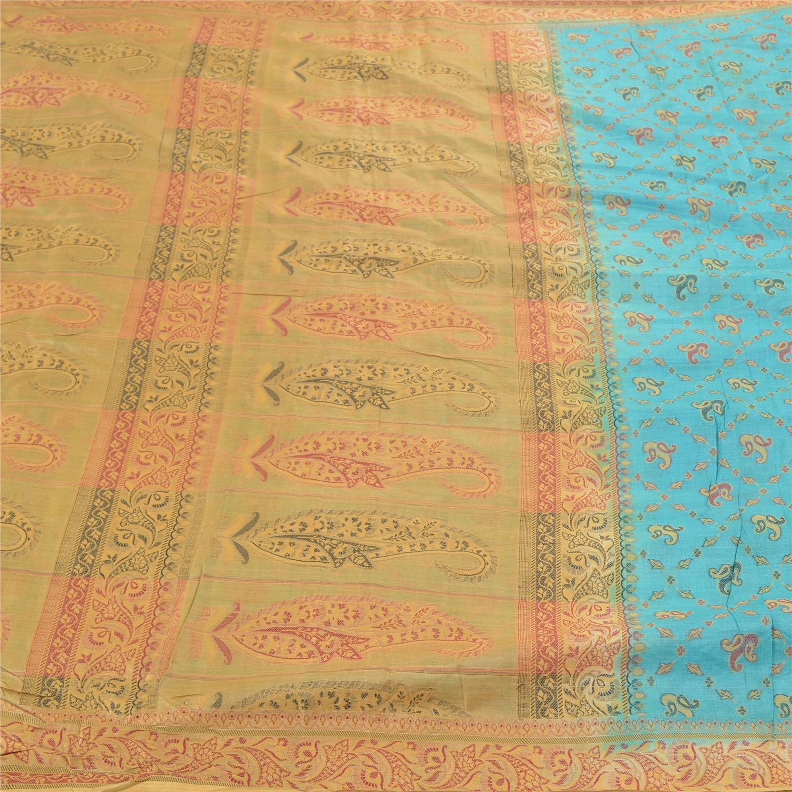 Sanskriti Vintage Turquoise Sarees Pure Silk Hand-Woven Premium Sari Fabric, PS-57713-Turquoise &amp; Cream-Hand-Woven Work-100% Pure Silk-4