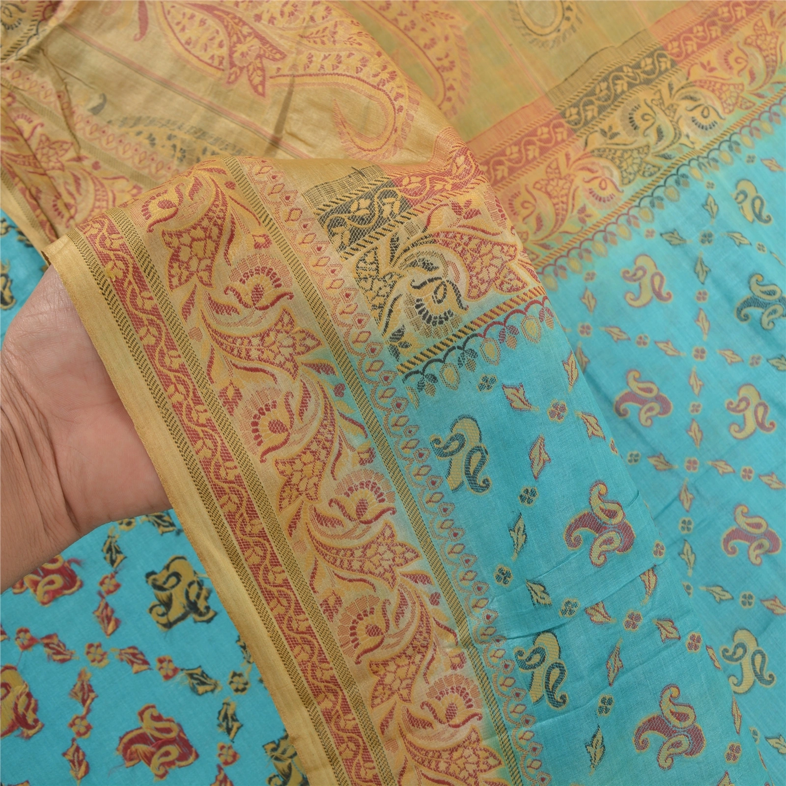 Sanskriti Vintage Turquoise Sarees Pure Silk Hand-Woven Premium Sari Fabric, PS-57713-Turquoise &amp; Cream-Hand-Woven Work-100% Pure Silk-5