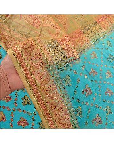 Sanskriti Vintage Turquoise Sarees Pure Silk Hand-Woven Premium Sari Fabric, PS-57713-Turquoise &amp; Cream-Hand-Woven Work-100% Pure Silk-5